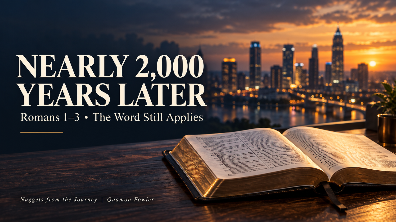 An open Bible overlooking a city at sunset, with the words Nearly 2,000 Years Later and Romans 1–3: The Word Still Applies.