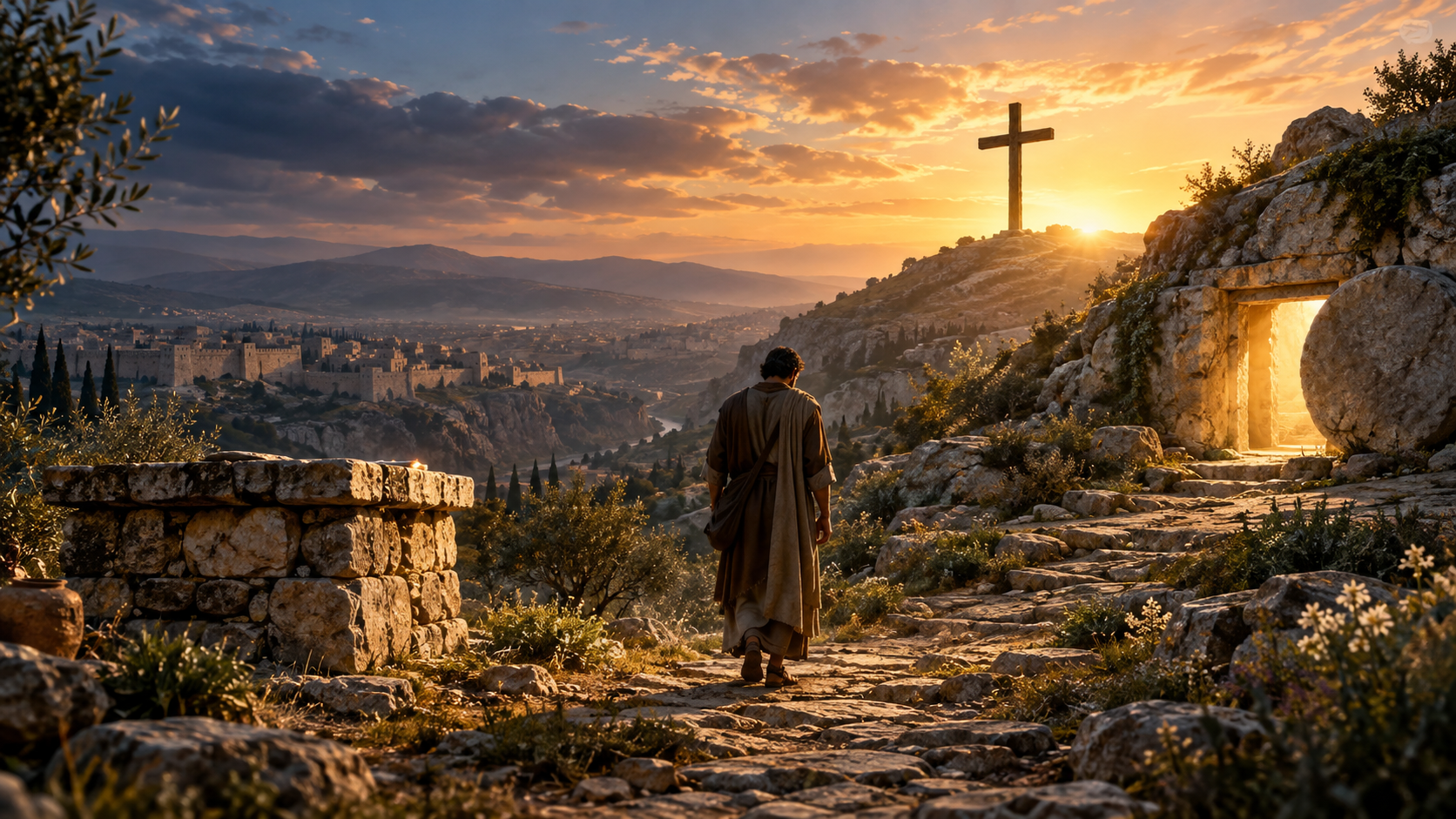 A stone altar, an empty cross, and an open tomb at dawn