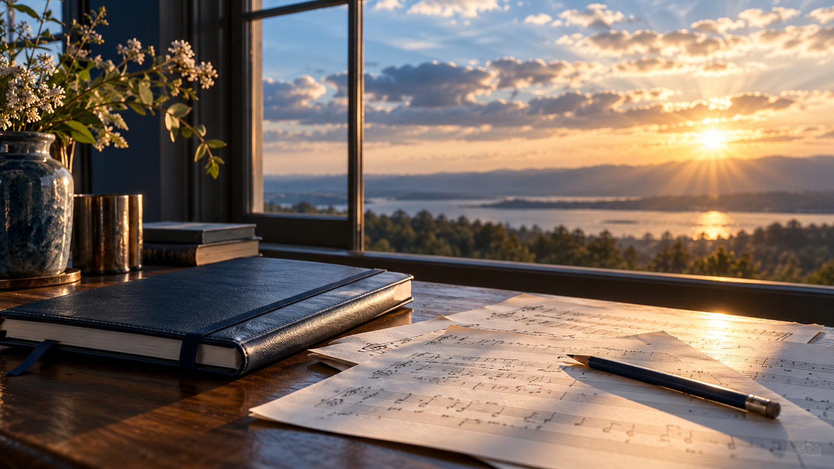 Sunlight over a notebook and handwritten sheet music